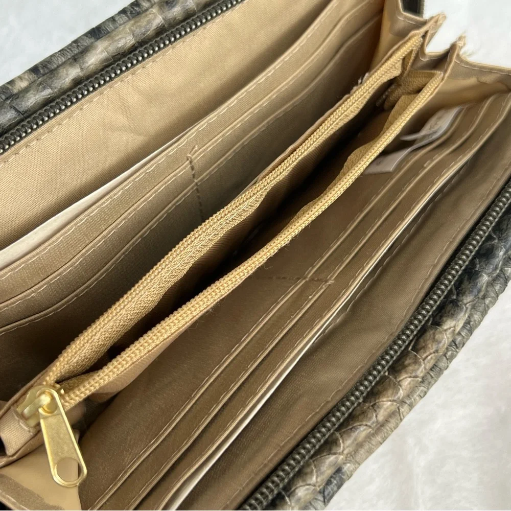 Nicole Miller Wristlet Faux Snakeskin Clutch Zippered Wallet Gold Black Brown